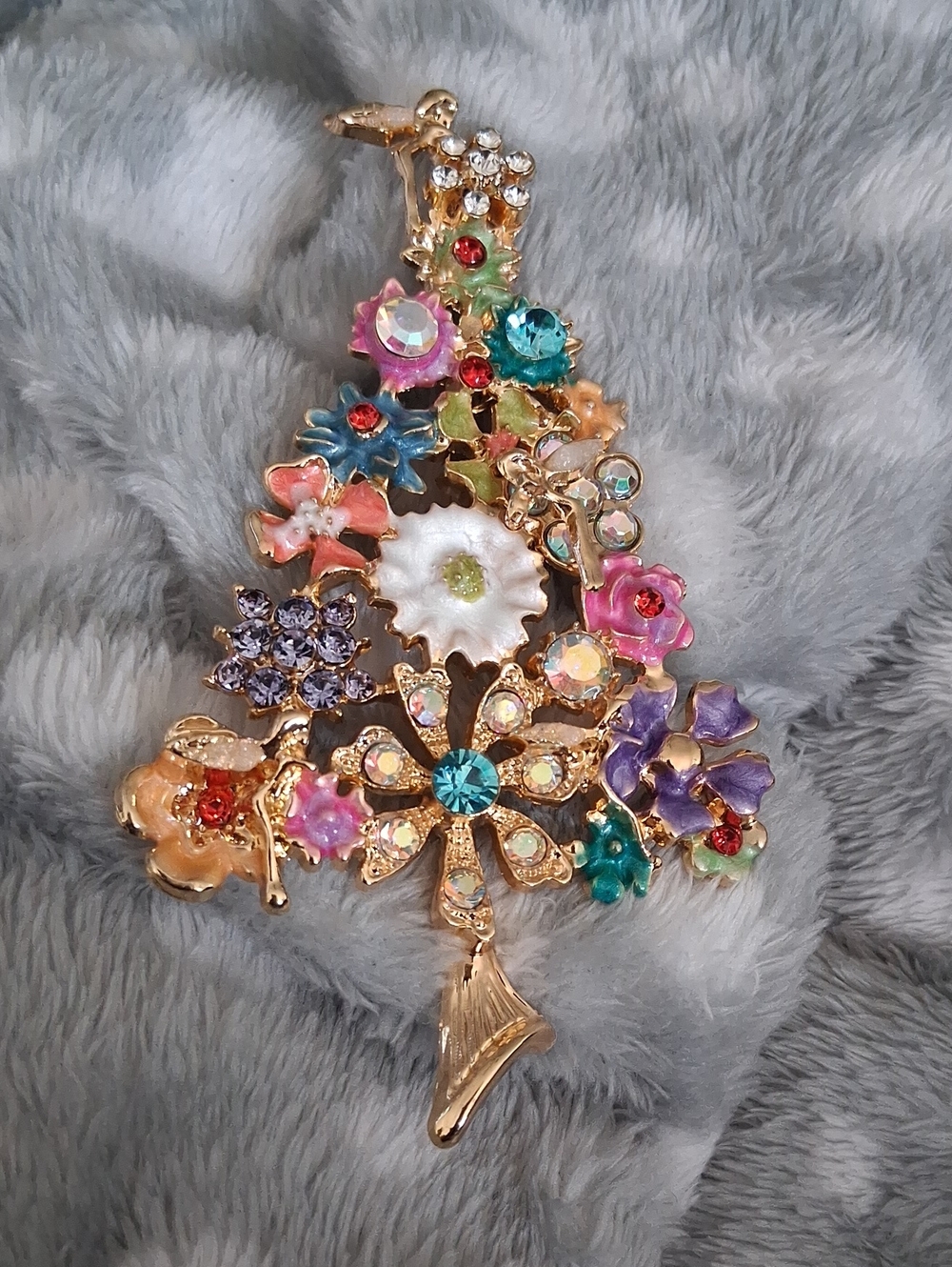 Multicolor Floral Tree Brooch - Gold Tone